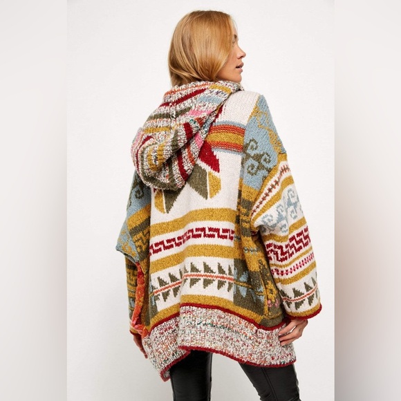 Free People Multicolor Hooded Knit Cardigan - Cream, Mustard, Blue, Red, Olive - Picture 3 of 14